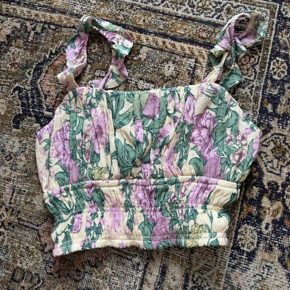 Abercrombie & Fitch Floral Smocked Cropped Tank - Cream, Green, Lavender